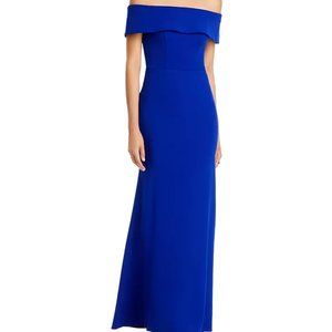 AQUA Off-the-Shoulder Scuba Crepe Gown Marine Blue